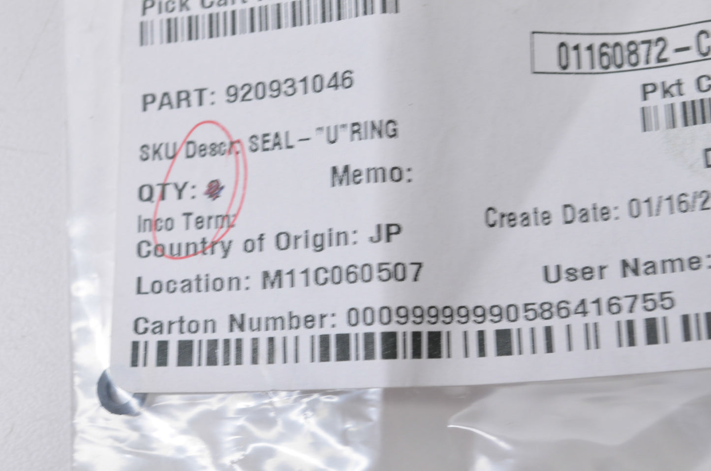 New OEM Kawasaki U Ring Seal NOS