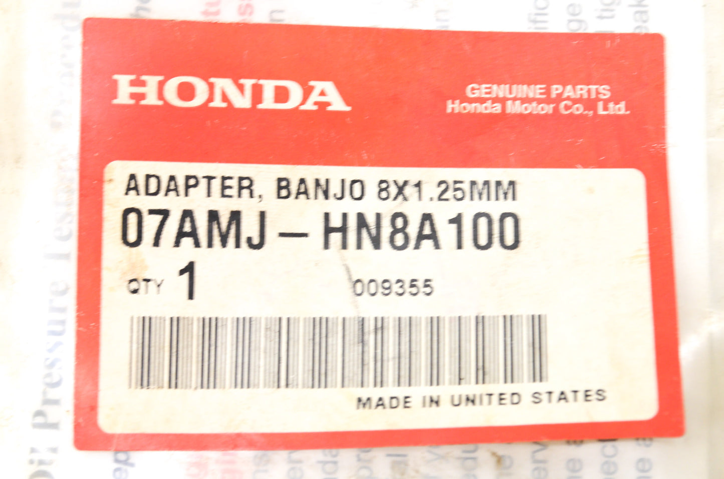 OEM Honda 07AMJ-HN8A100 Banjo Bolt 8X1.25 NOS