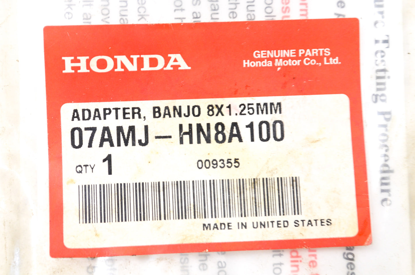 OEM Honda 07AMJ-HN8A100 Banjo Bolt 8X1.25 NOS
