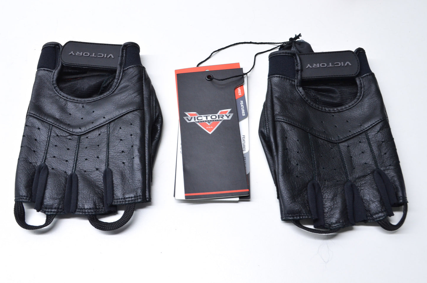 New OEM Victory Mens Large Black Leather Fingerless Gloves NOS