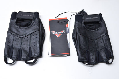 New OEM Victory Mens Large Black Leather Fingerless Gloves NOS