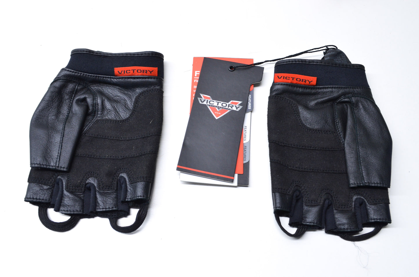 New OEM Victory Mens Large Black Leather Fingerless Gloves NOS