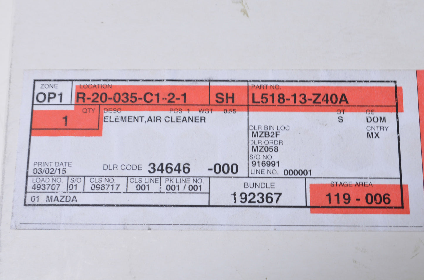 OEM Mazda L518-13-Z40A Air Filter Element NOS