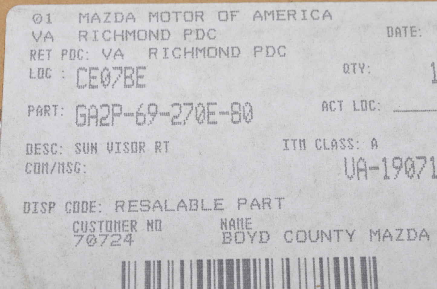OEM Mazda GA2P-69-270E-80 Right Sun Visor NOS