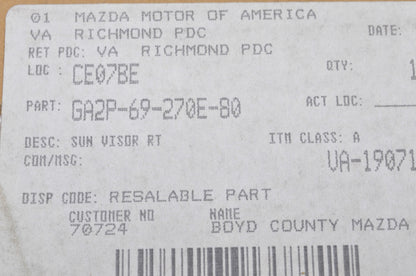 OEM Mazda GA2P-69-270E-80 Right Sun Visor NOS