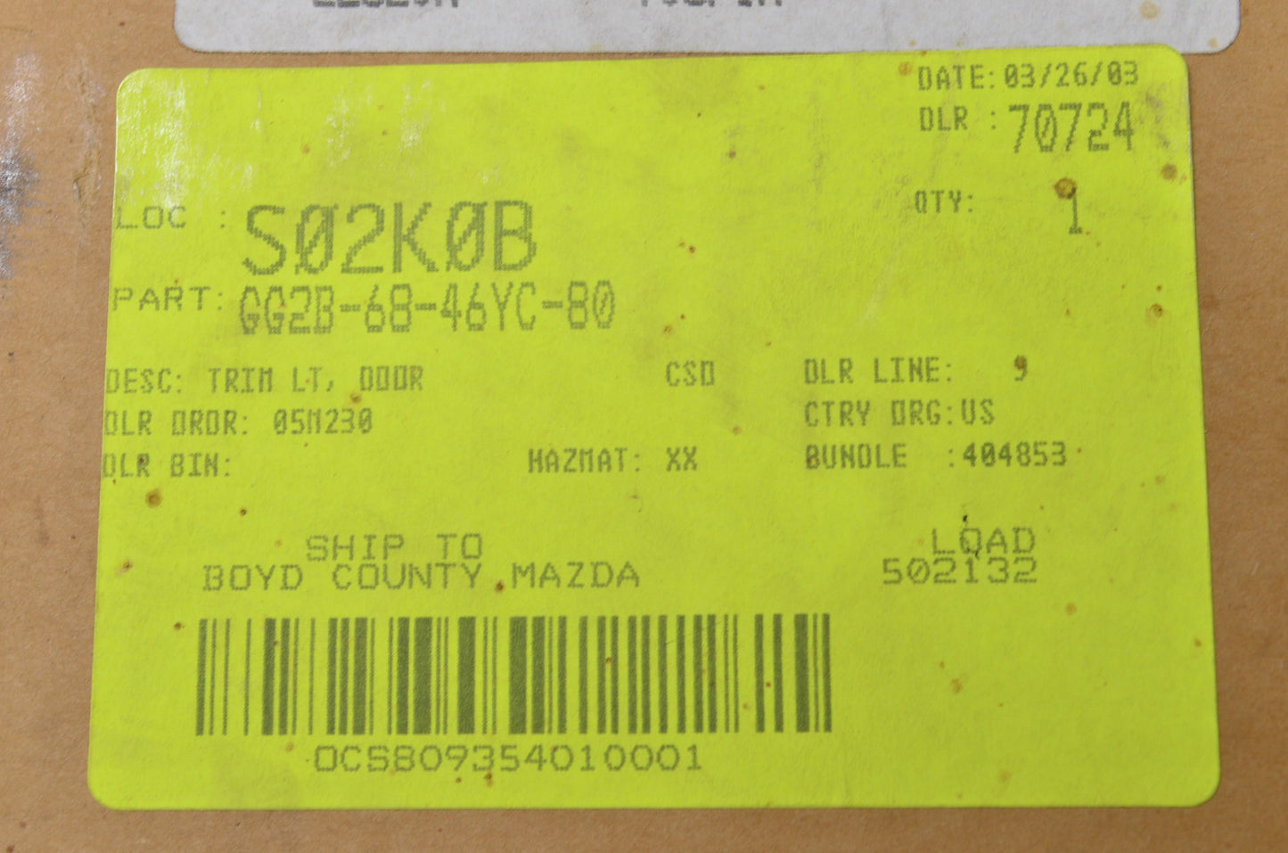 OEM Mazda GG2B-68-46YC-80 Tan Driver Side Door Trim Panel NOS