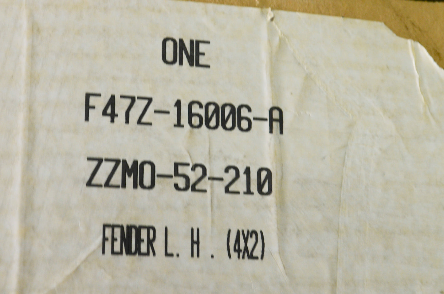 OEM Ford F47Z-16006-A, ZZM0-52-210, Left Fender NOS