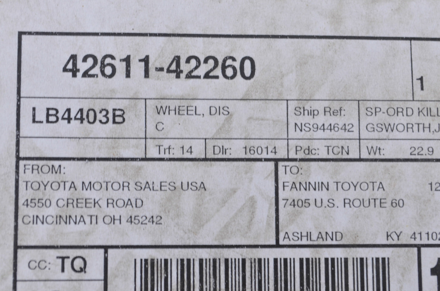OEM Toyota 42611-42260 Steel Wheel Rim NOS