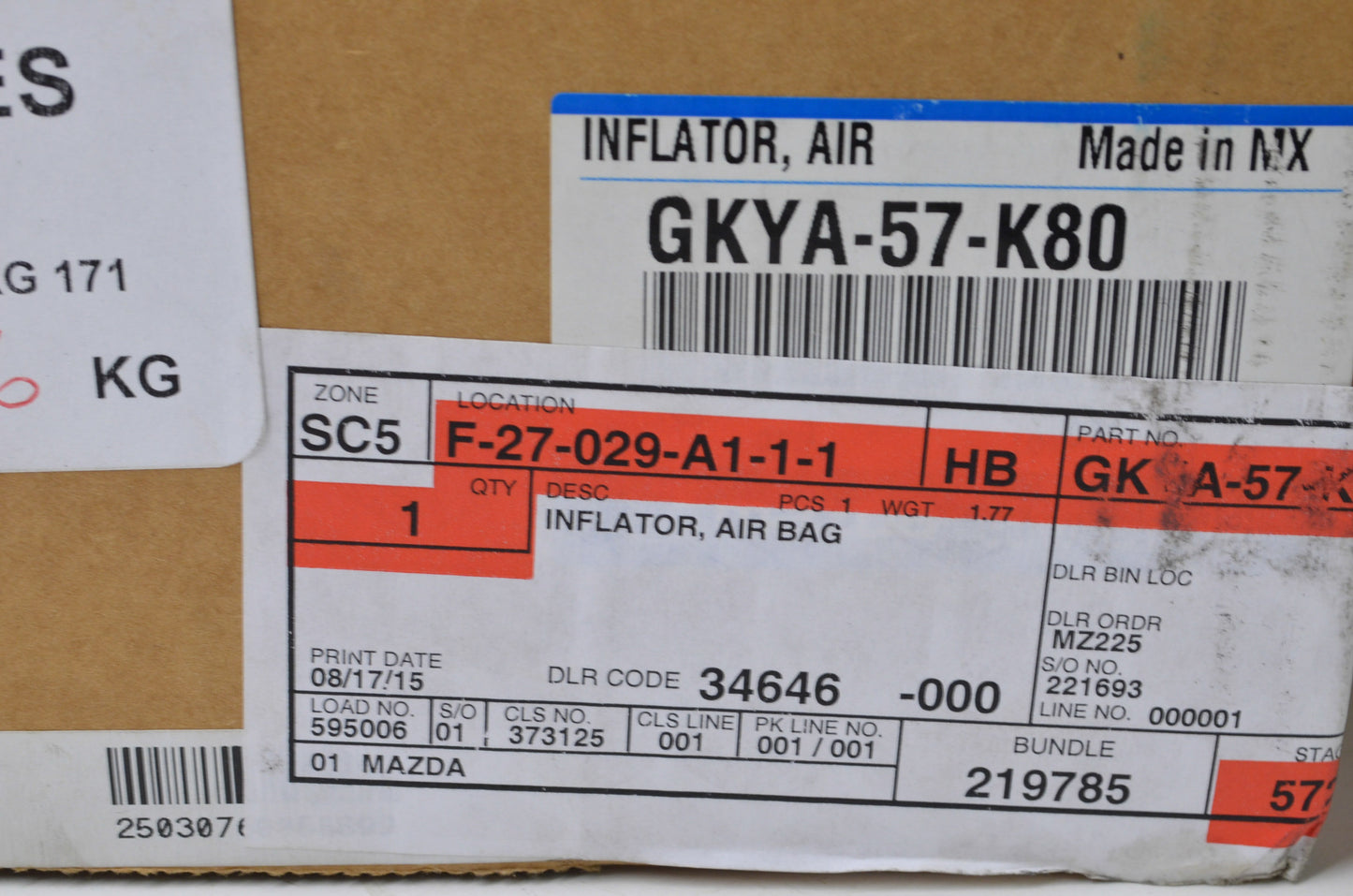 New OEM Mazda Air Bag Inflator Kit NOS