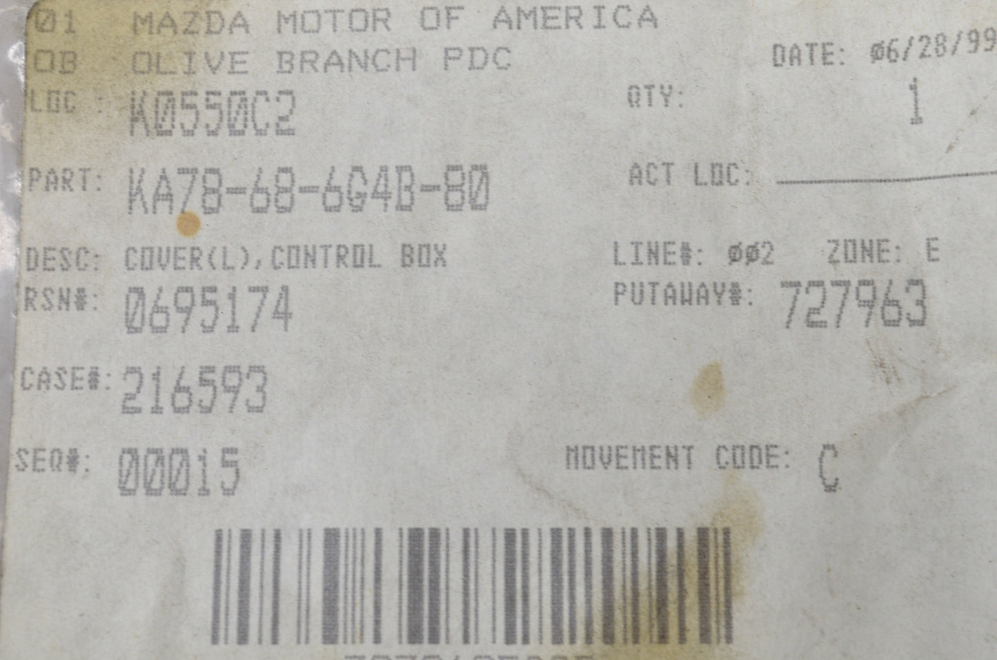 OEM Mazda KA78-68-6G4B-80 Tan Control Box Cover NOS