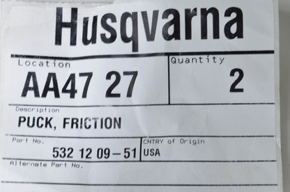 OEM Husqvarna 5321209-51 Friction Puck Qty 2 NOS