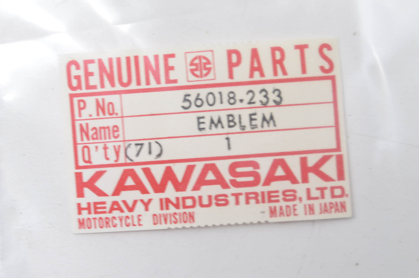 OEM Kawasaki 56018-233 Side Cover Emblem NOS