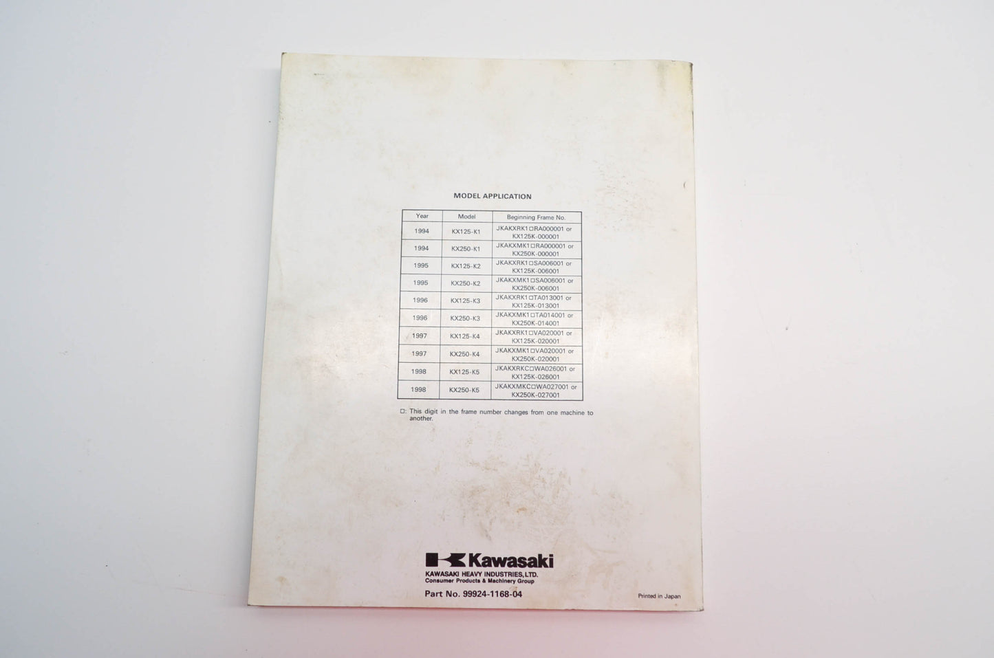 OEM Kawasaki 99924-1168-04 Service Manual KX125/250K