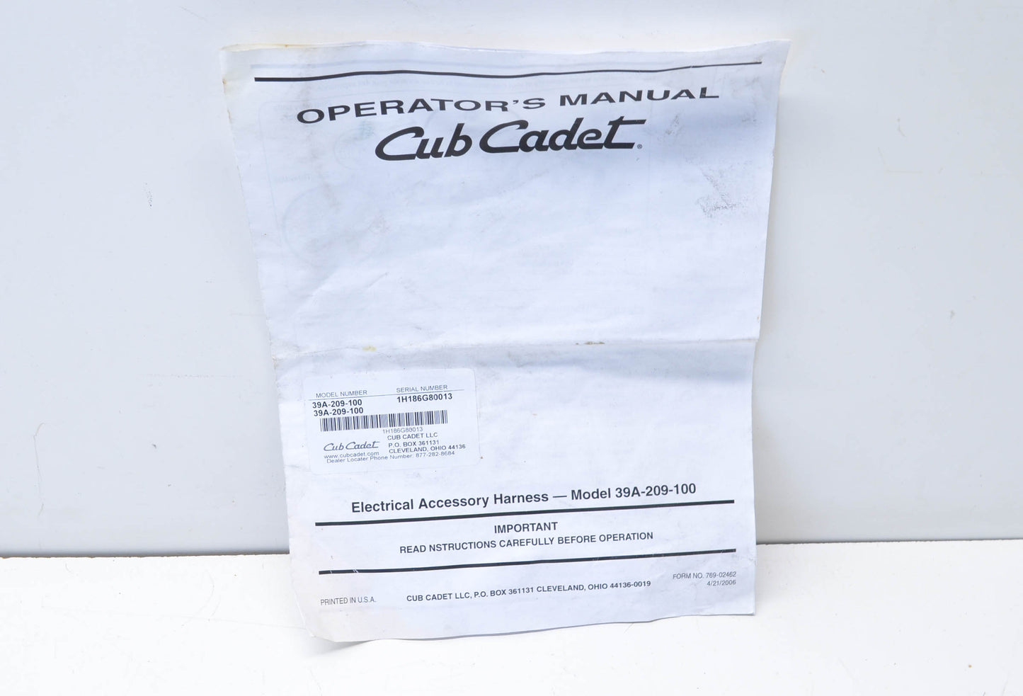 Cub Cadet Electrical Accessory Harness Model 39A-209-100 Operators Manual