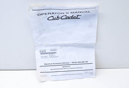 Cub Cadet Electrical Accessory Harness Model 39A-209-100 Operators Manual
