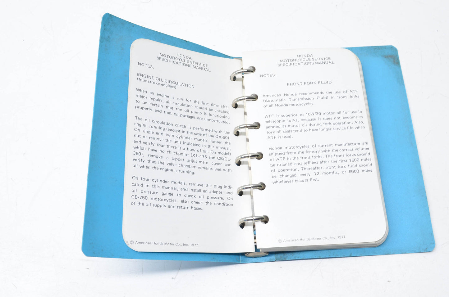 OEM Honda 1977 Motorcycle Service Specifications Manual