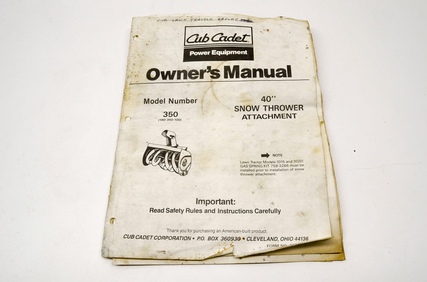 Cub Cadet 772-3925, R880712 40' Snow Thrower Attachment 350 Owner's Manual