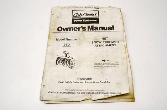 Cub Cadet 772-3925, R880712 40' Snow Thrower Attachment 350 Owner's Manual