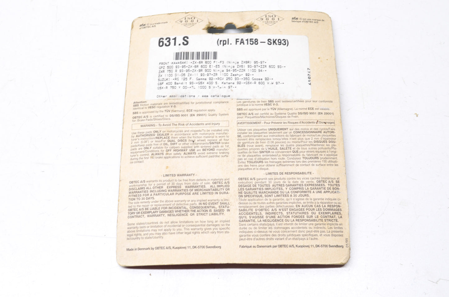 SBS FA158 631.S SK93 Front Brake Pad Kit NOS