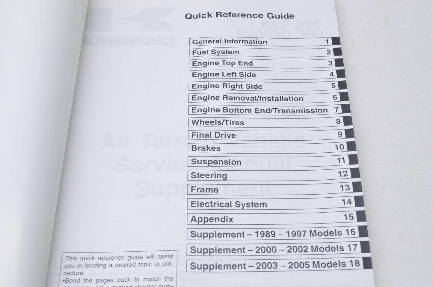 New OEM Kawasaki 1988-2005 KLF300, BAYOU 300 Service Manual Supplement NOS