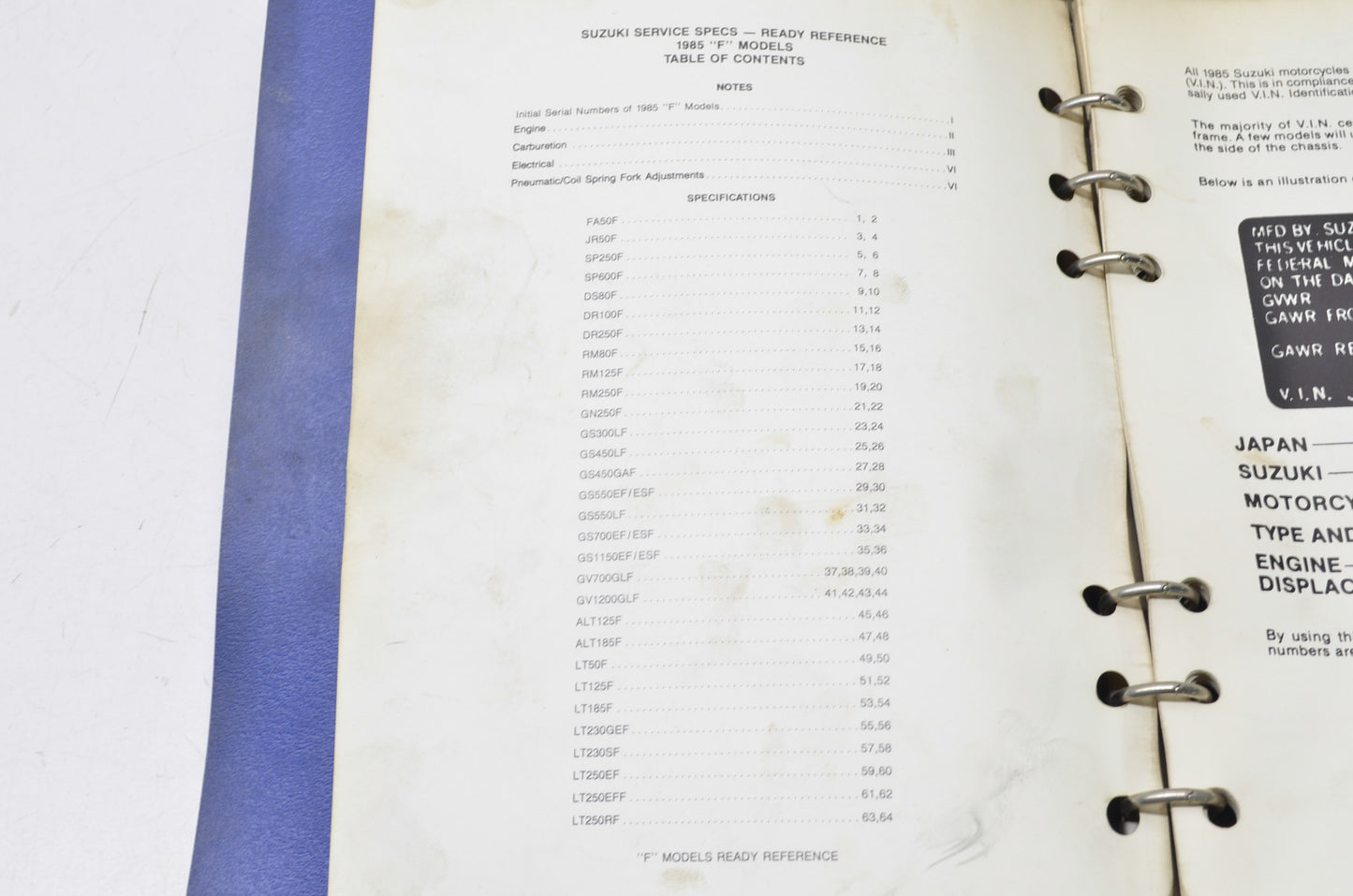 OEM Suzuki 99923-03851 1985 F Model Service Specs & Ready Reference Manual