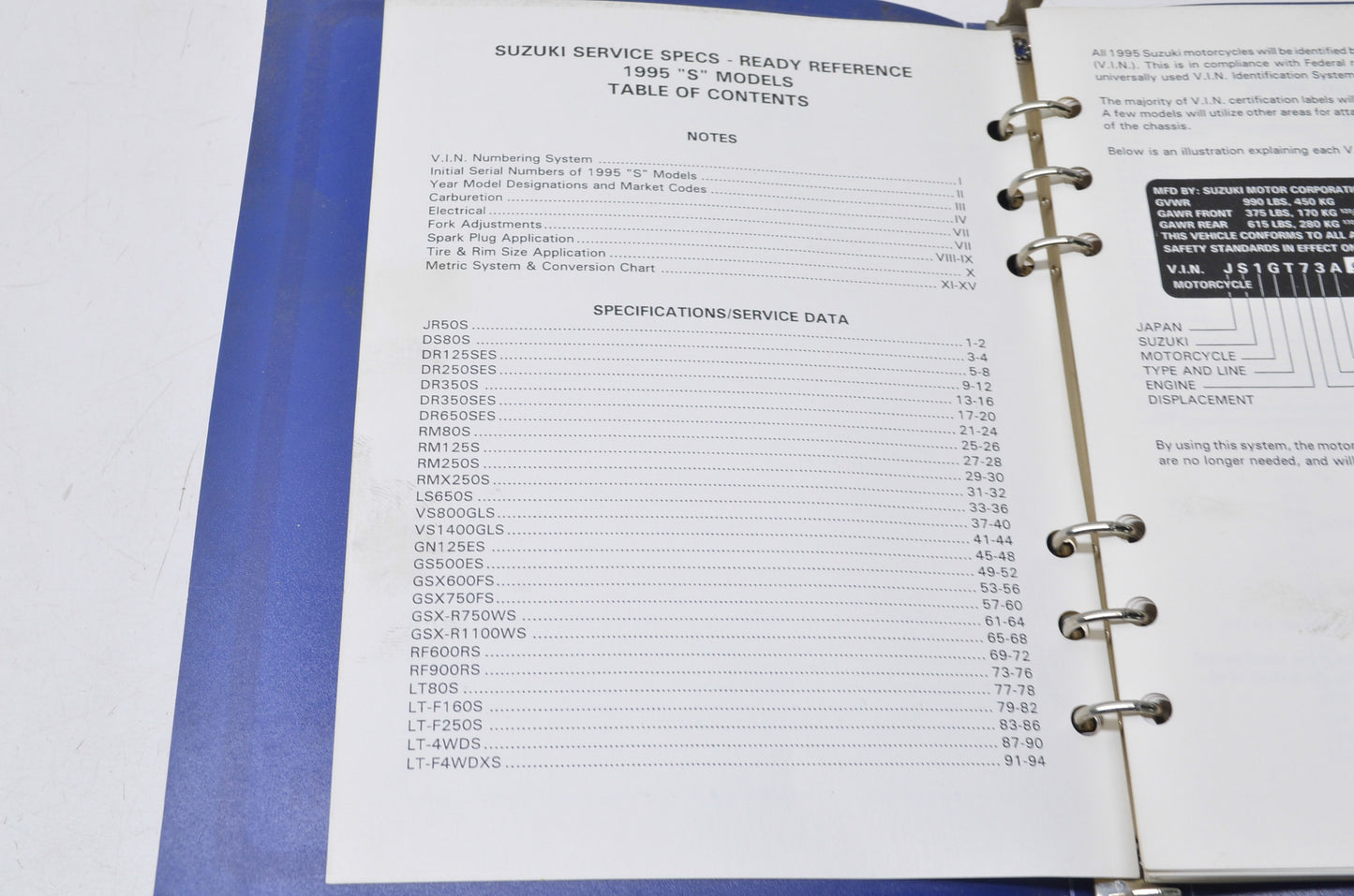 OEM Suzuki 99923-03951 1995 S Model Ready Reference & Service Specifications Man