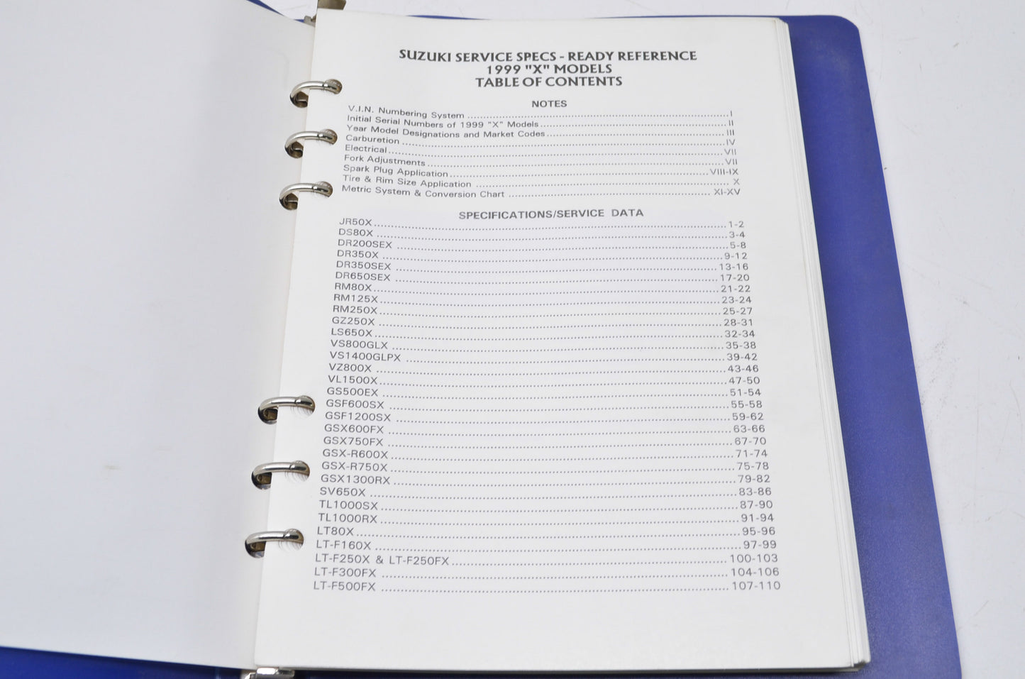 OEM Suzuki 99923-03991 1999 X Model Ready Reference & Service Specifications Man