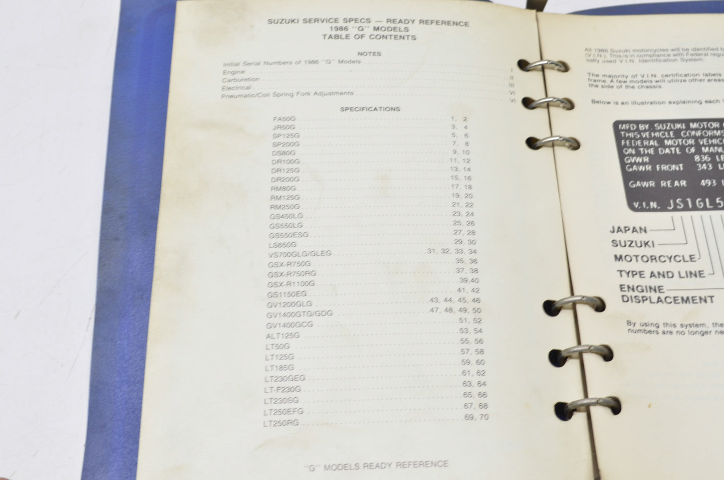 OEM Suzuki 99923-03861 1986 G Model Service Specifications & Ready Reference Man