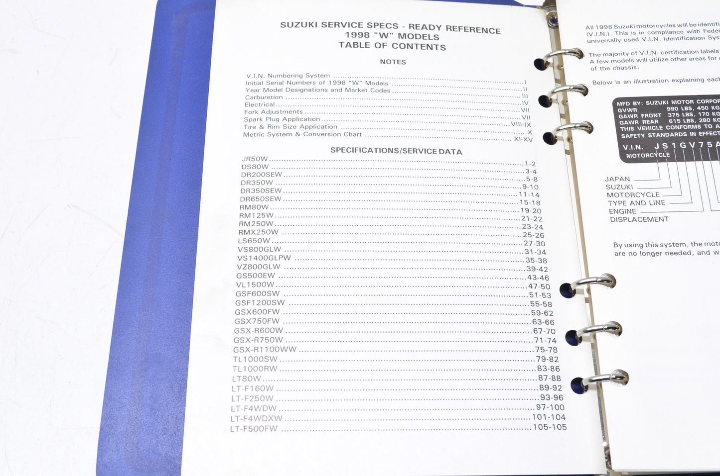 OEM Suzuki 99923-03981 98 Ready Reference & Service Specs