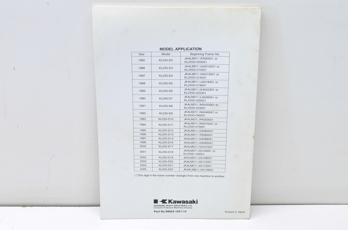 OEM Kawasaki 99924-1051-14 Service Manual KL250D NOS