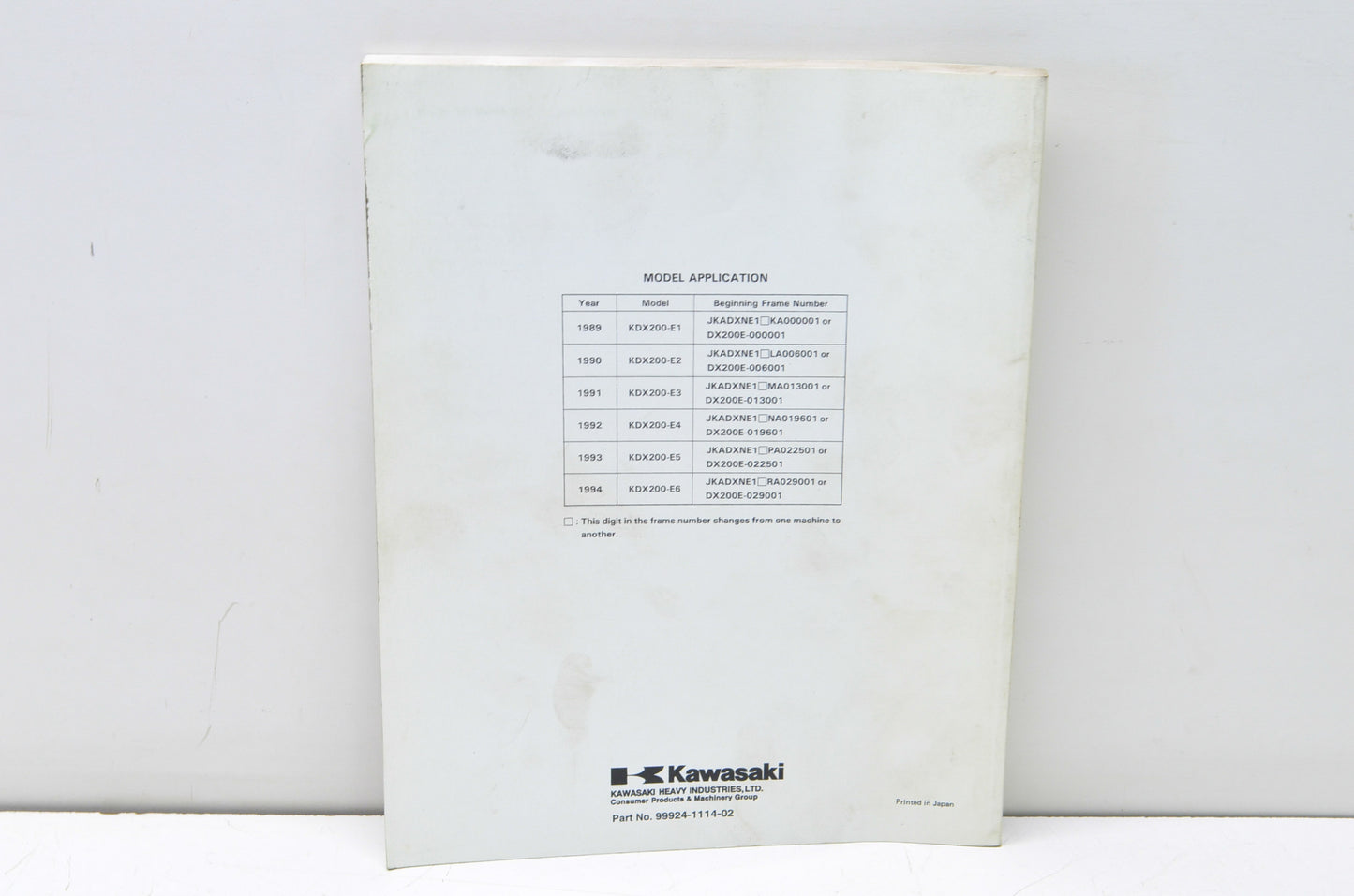 OEM Kawasaki 99924-1114-02 Service Manual KDX200E