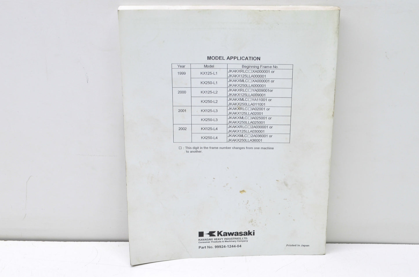 OEM Kawasaki 99924-1244-04 Service Manual KX125/250L