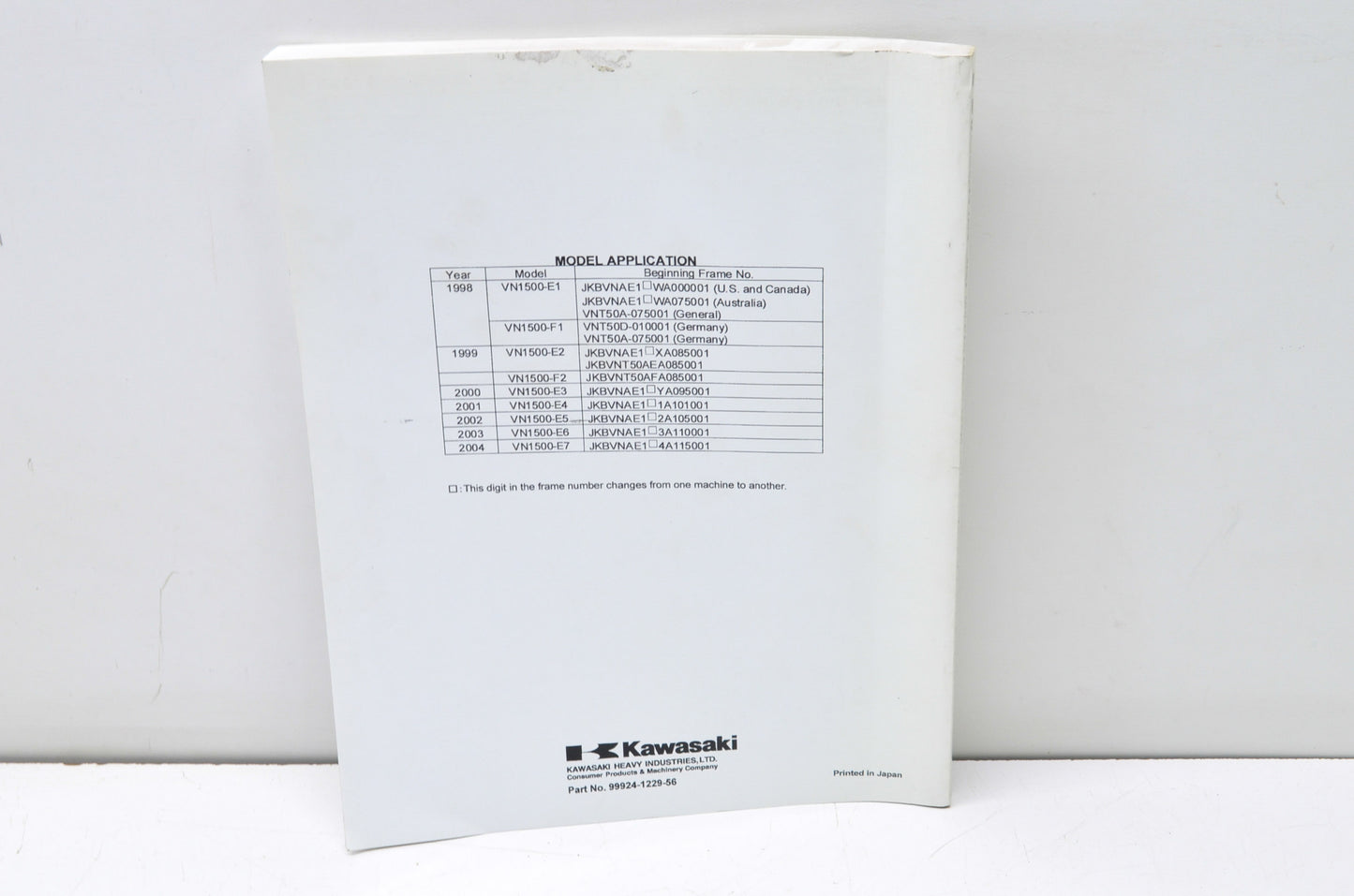 OEM Kawasaki 99924-1229-56 Service Manual Supplement VN1500E
