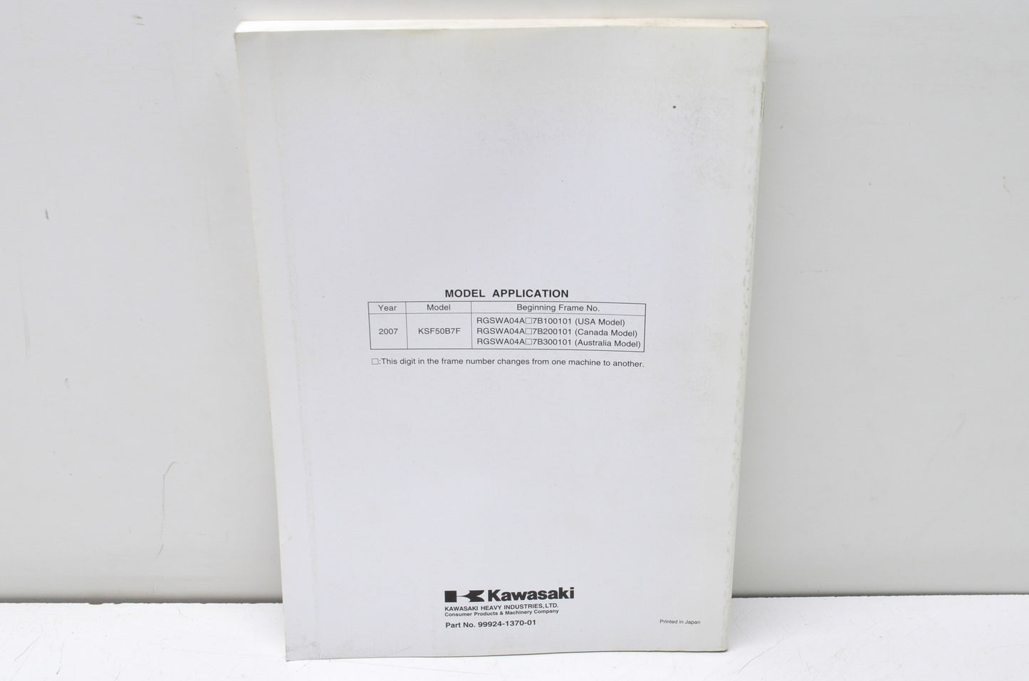 OEM Kawasaki 99924-1370-01 Service Manual KSF50B NOS