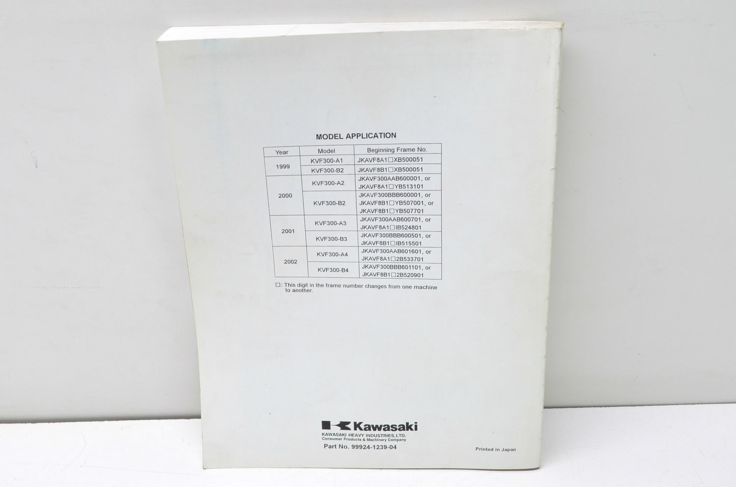 OEM Kawasaki 99924-1239-04 Service Manual KVF300 NOS