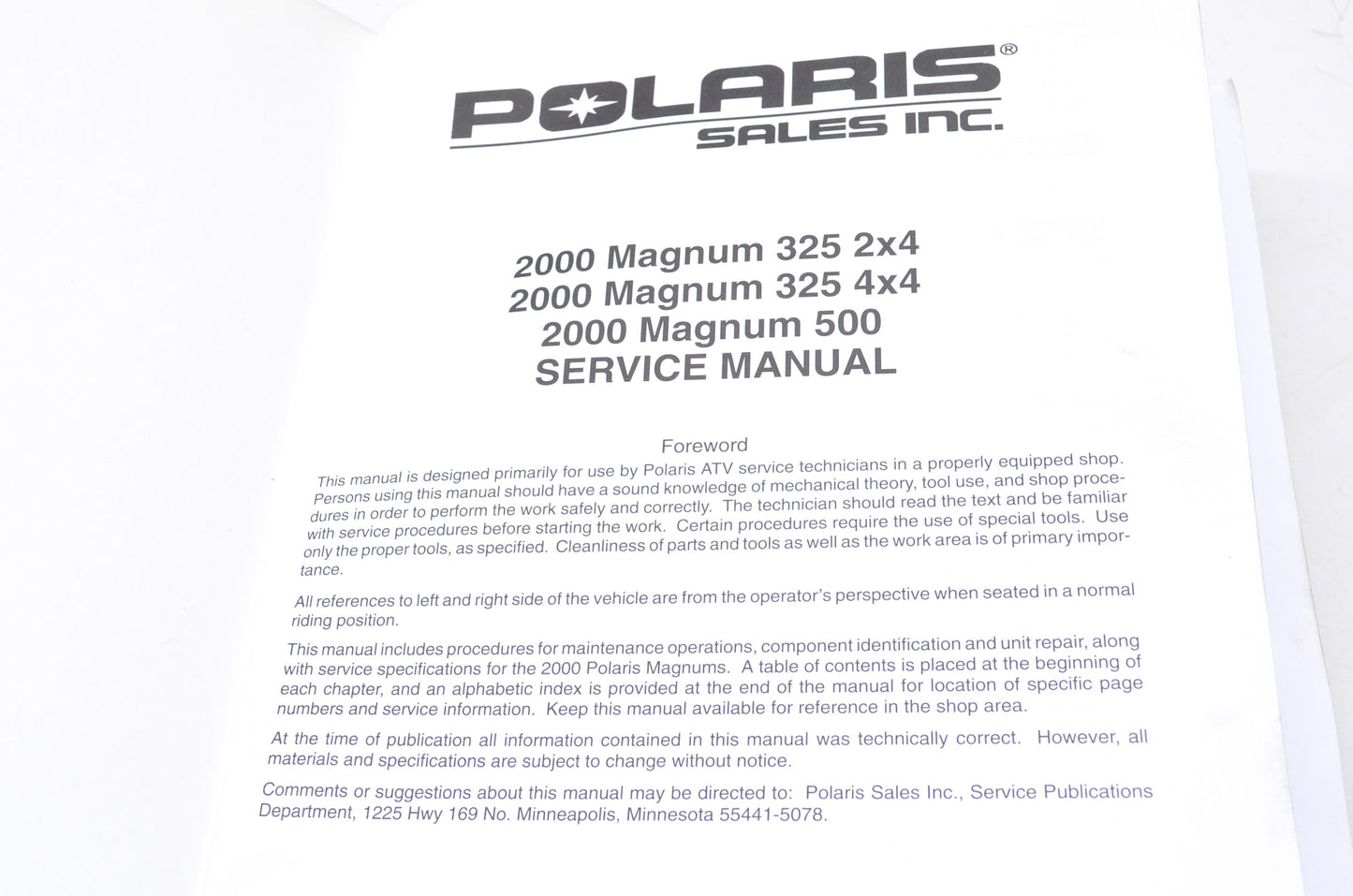 OEM Polaris 9915834 MAGNUM 325/500 Service Manual