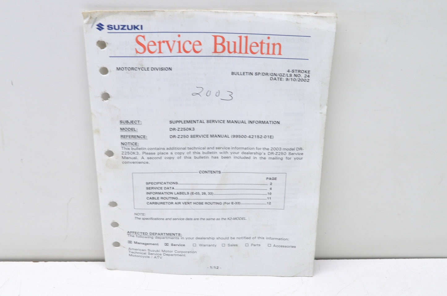 OEM Suzuki 2003 DR-Z250K3 4-Stroke Supplemental Service Manual