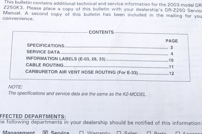 OEM Suzuki 2003 DR-Z250K3 4-Stroke Supplemental Service Manual