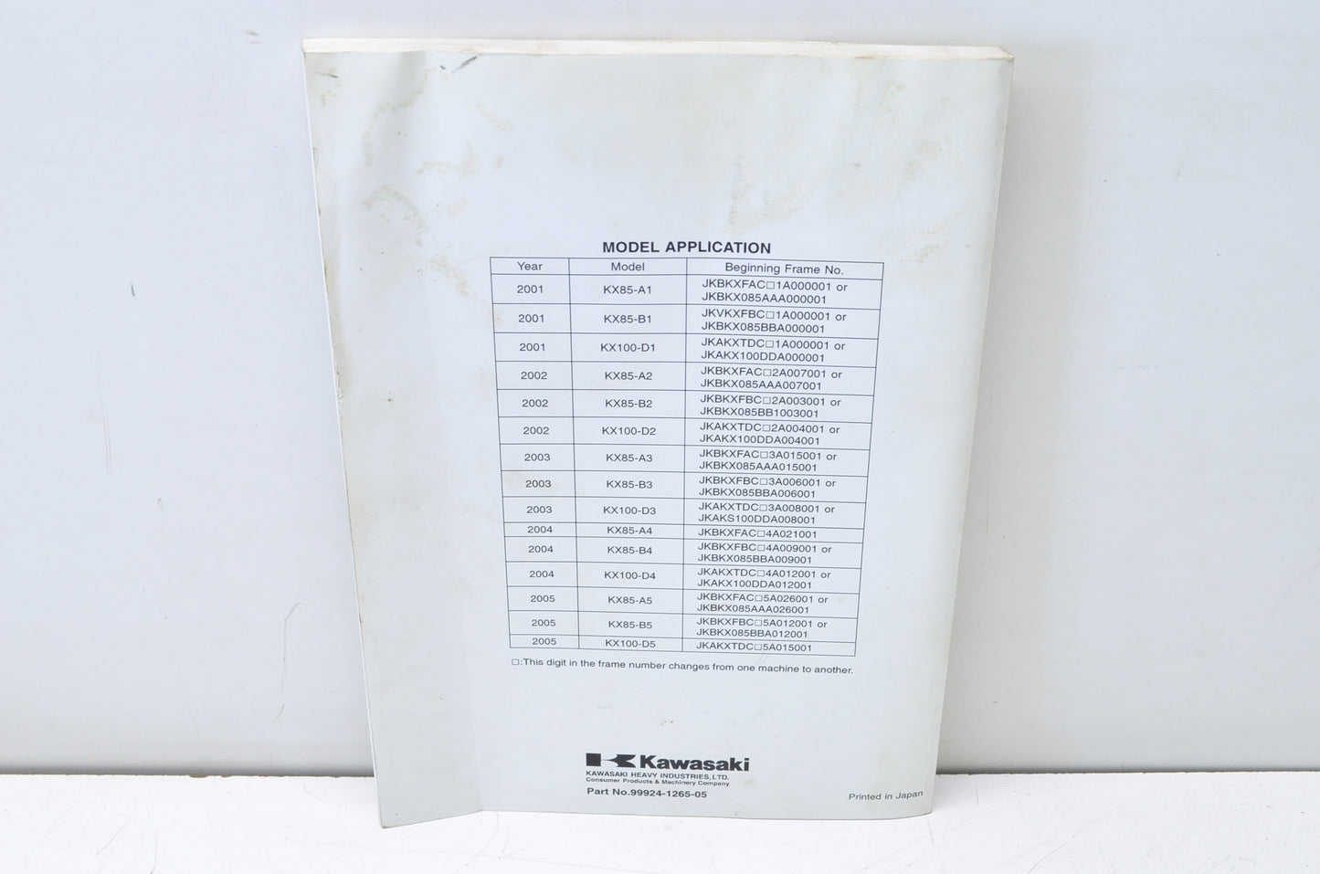 OEM Kawasaki 99924-1265-05 Service Manual KX85A/100D