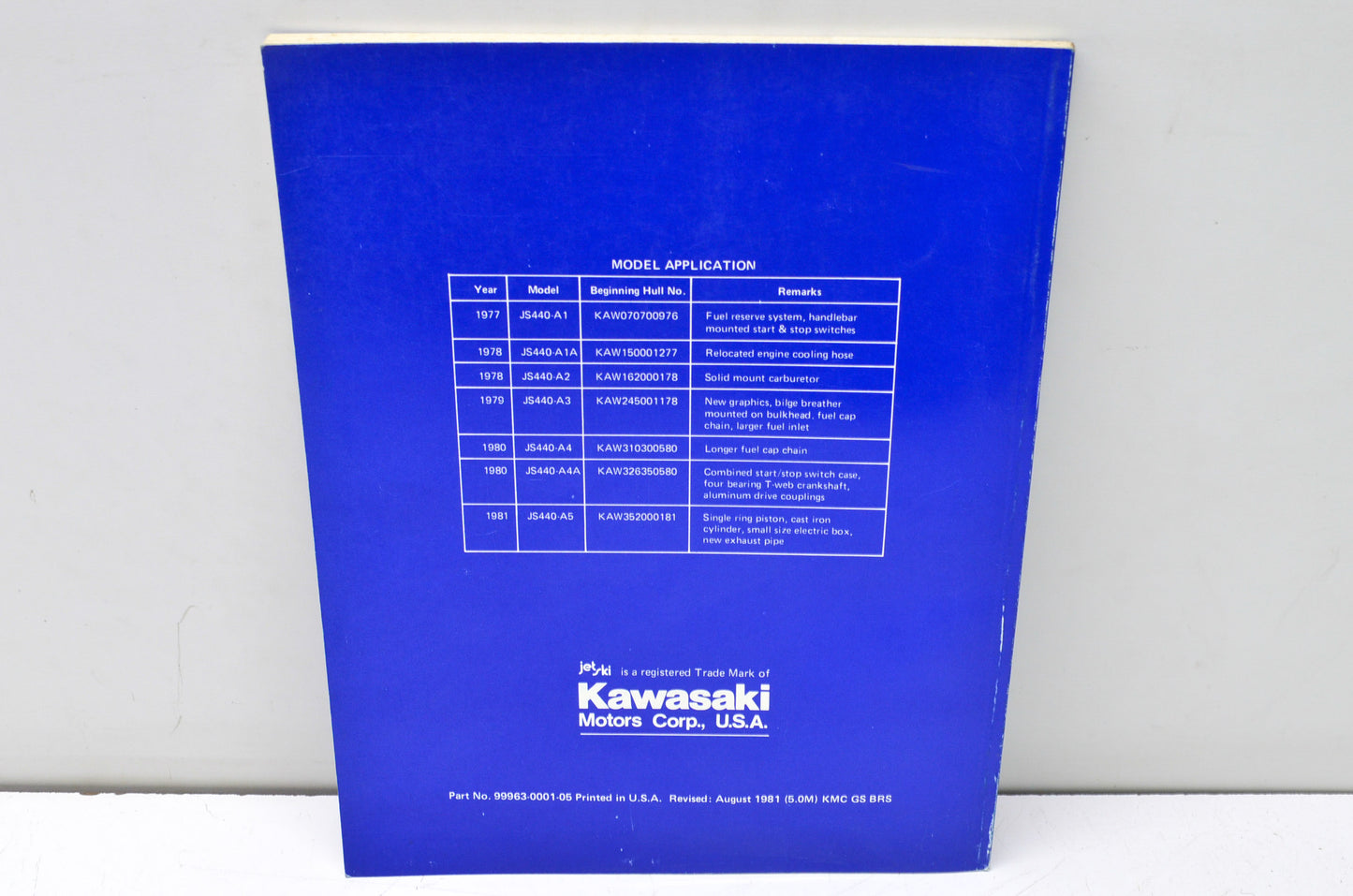 OEM Kawasaki 99963-0001-05 Service Manual JS440A1-6 NOS