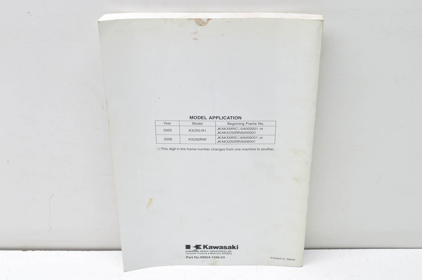 New OEM Kawasaki 2005 KX250-R1, 2006 KX250R6F Motorcycle Service Manual NOS