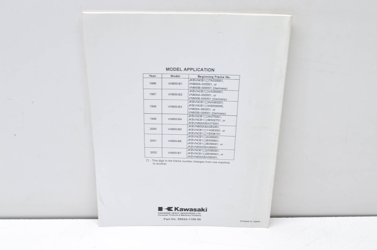 OEM Kawasaki 99924-1199-56 Service Manual Supplement VN800B NOS