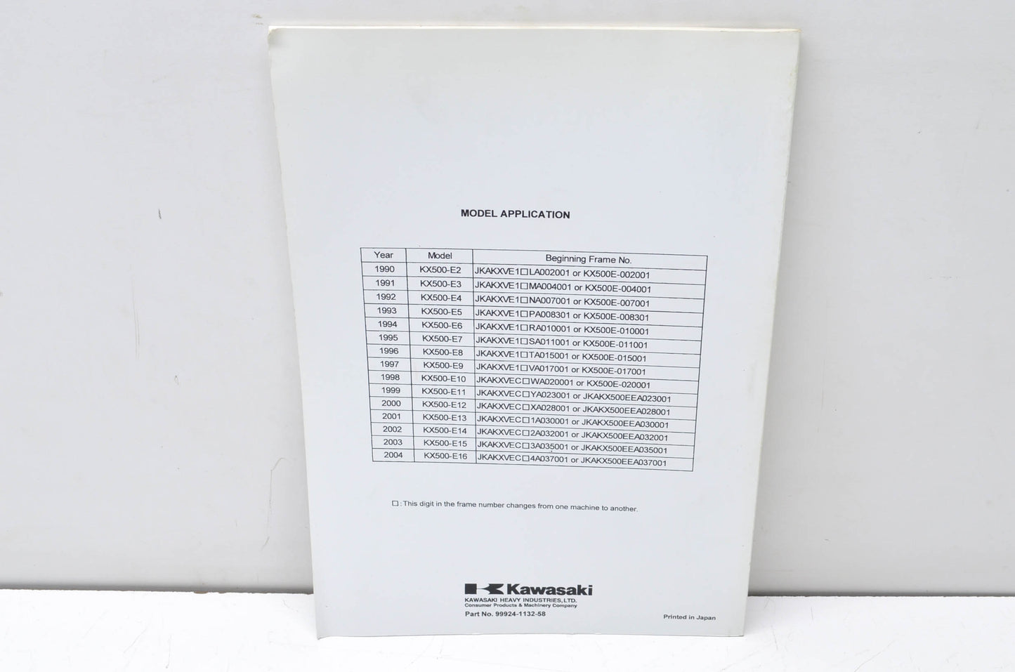 OEM Kawasaki 99924-1132-58 Service Manual Supplement KX500E NOS