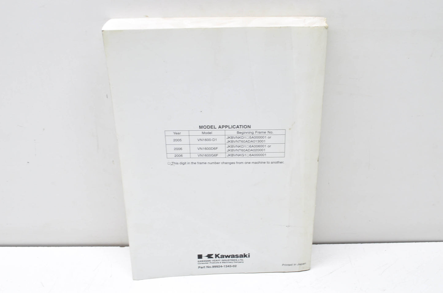 OEM Kawasaki 99924-1343-02 Service Manual VN1600D NOS