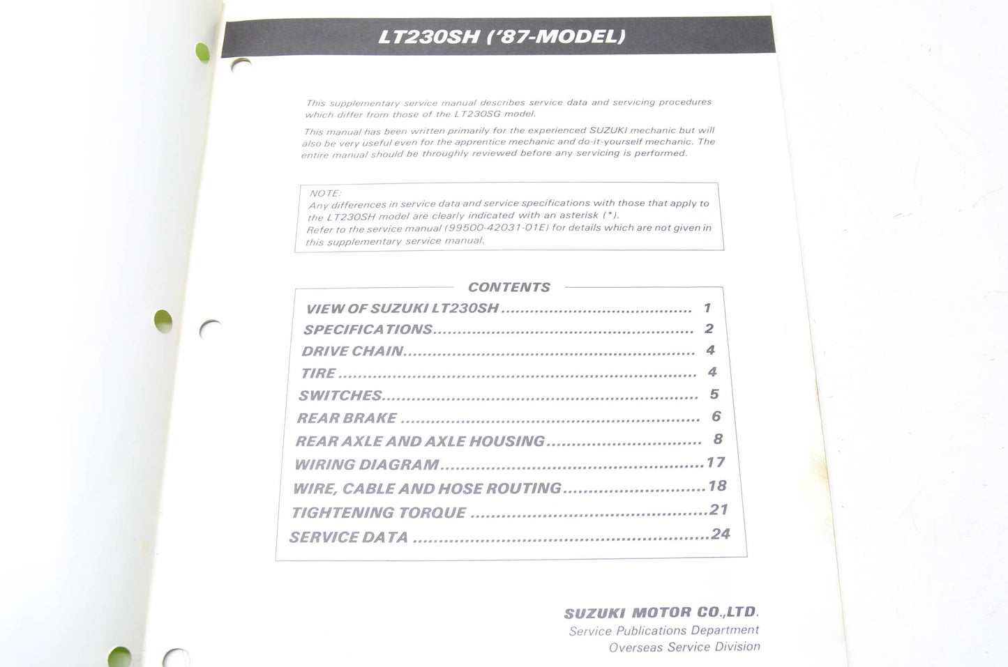 OEM Suzuki 99501-42060-01E LT230S Supplementary Service Manual