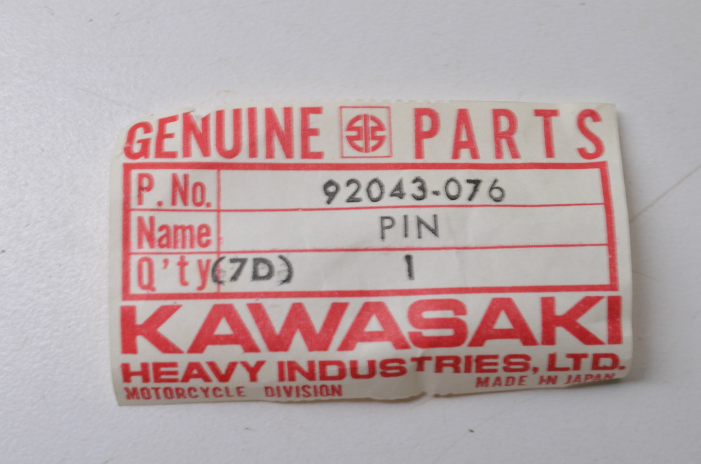 OEM Kawasaki 92043-076 Neutral Position Pin NOS