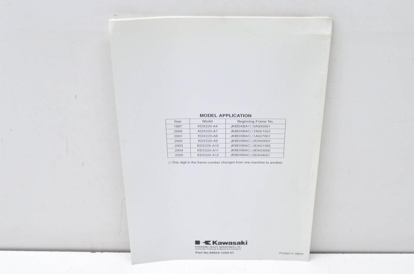 OEM Kawasaki 99924-1204-57 Service Manual Supplement KDX220A NOS