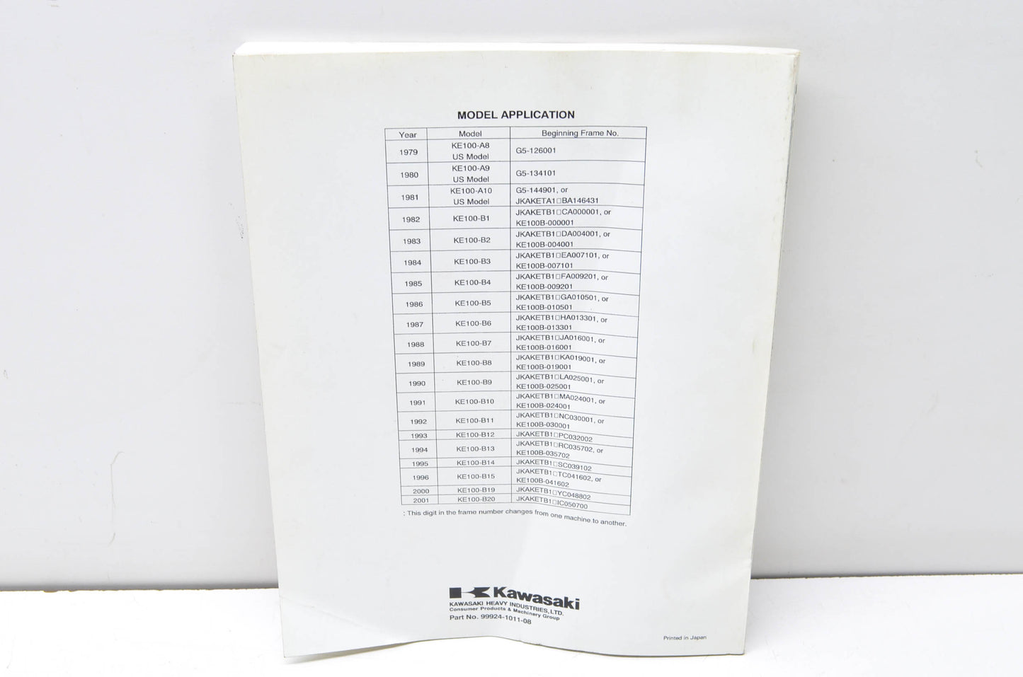 OEM Kawasaki 99924-1011-08 Service Manual KE100