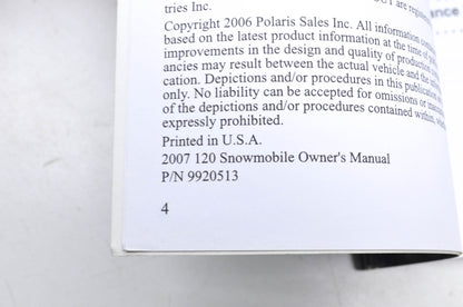 OEM Polaris 9920513 2007 120Owner's Manual For Maintenance & Safety NOS