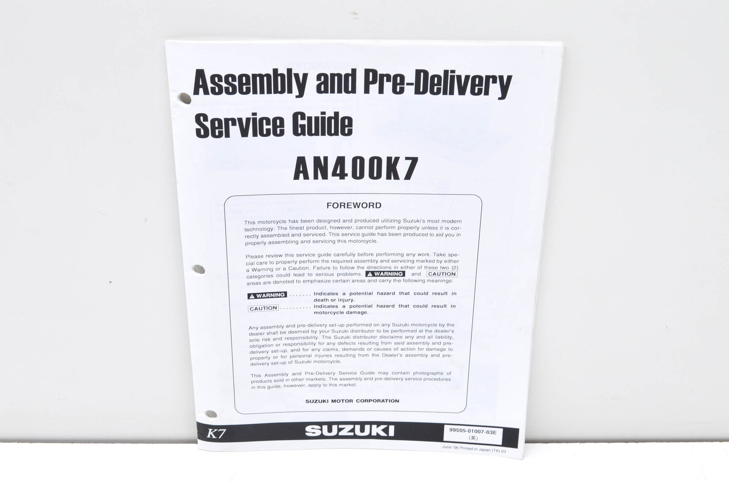 OEM Suzuki 99505-01007-03E AN400K7 Assembly & Pre-Delivery Service Guide